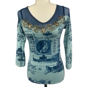 Save the Queen Vintage Graphic Top Sheer Panels Embellished 3/4 Sleeves Blues MS